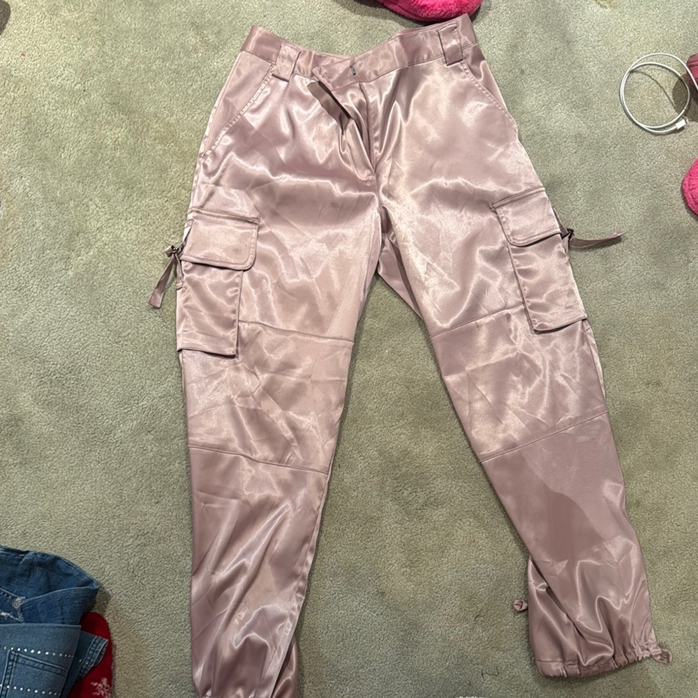 Pink Satin Cargo Pants